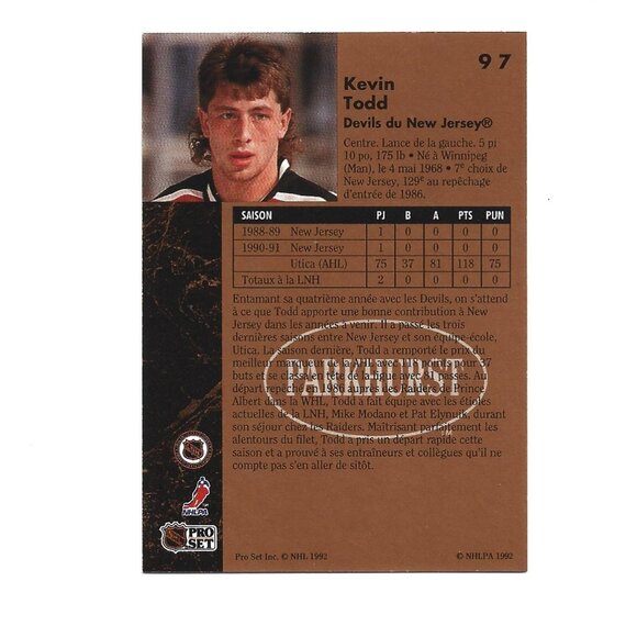 1992 French Parkhurst Kevin Todd New Jersey Devils Rookie Hockey Card [h34] - Picture 2 of 2